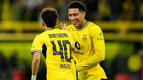 Samuele Inacio celebrates scoring the 3-1 goal with his teammate Jobe Bellingham 