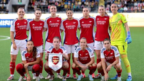 Arsenal players pose before their Women's Champions League qualifier against BK Hacken