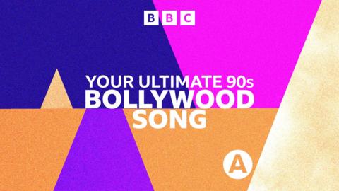 Colourful BBC branded image with 'Your ultimate 90s Bollywood Songs' written upon it. 