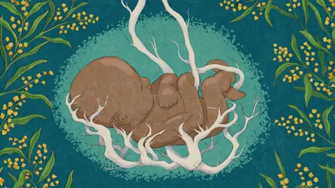 An illustration of a baby and tree roots
