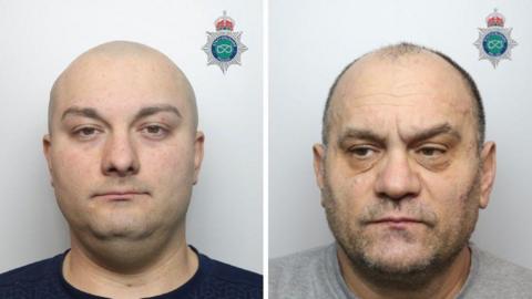 Two mugshots - the one of the left is a bald man with a black top and the one on the right is an older bald man with a grey top.