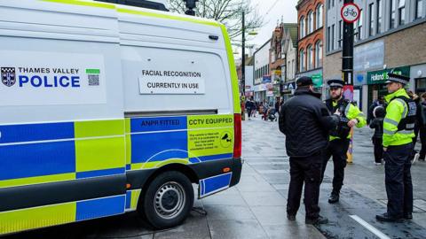 Thames Valley Police (TVP) use a Live Facial Recognition (LFR) van in the middle of Slough High Street on 13th February 2026 in Slough, United Kingdom. 