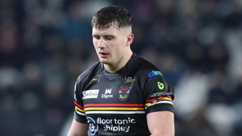 Connor Wynne looks down as he catches his breath while playing for Bradford Bulls against his old club Hull in February