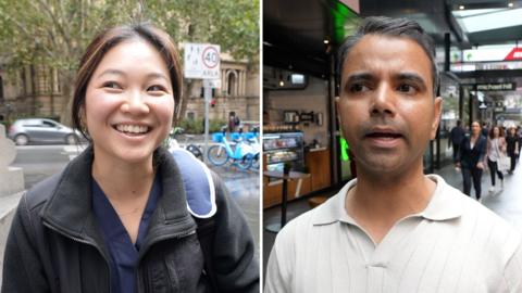 Split screen of woman the left and man on the right, both standing on streets in Sydney city