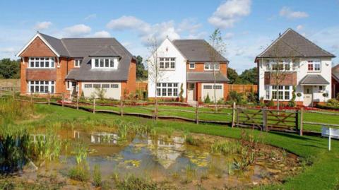 Three large detached houses, which look more real than an artist's impression. There is a pond in the foreground with a wooden fence behind it, and a green lawn. Small birch trees are in front of the houses.