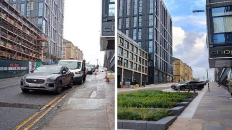 Before and and after images of a Glasgow street. In the before image, the pavement is cracked and parked cars are next to it. In the after image, the pavement is far smoother and beds of grass have been planted next to the pavement.