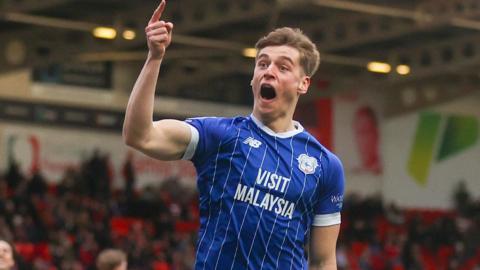 Dylan Lawlor celebrates after scoring for Cardiff City