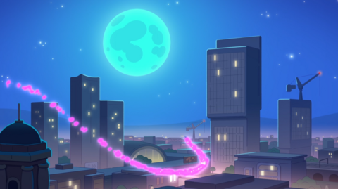 Animation screengrab of a full moon in the night sky above the Beetham Tower and surrounding skyscrapers and cranes in Manchester city centre. Pink flumes are seen between the buildings as the characters take a magical ride on a bed.