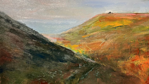 Painting of two hills on the South West Coast Path with the sea in the background