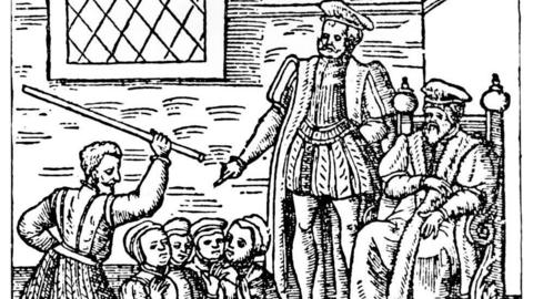 A man in a throne and another in Early Modern costume observing as another man attacks a group of women, believed to be withes, with a stick. The image is a black and white engraving from 1591.