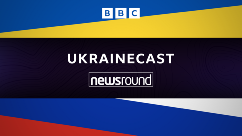 Ukrainecast and Newsround logos on coloured background.