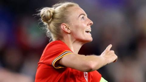 Sophie Ingle smiling as she celebrates scoring a goal for Wales
