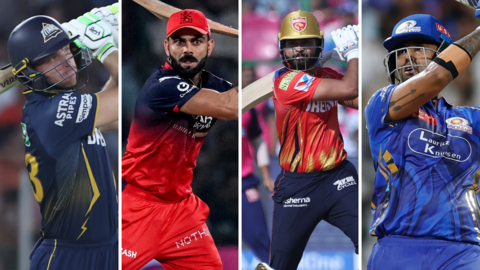 A split image of Jos Buttler of Gujarat Titans, Virat Kohli of Royal Challengers Bengaluru, Shreyas Iyer of Punjab Kings and Suryakumar Yadav of Mumbai Indians.