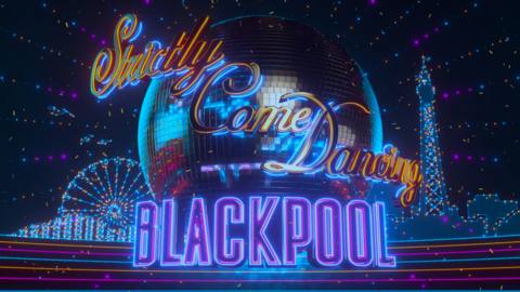 Strictly Come Dancing Blackpool written in lights over a glitter ball 