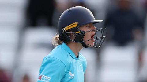 England's Charlie Dean roars in celebration after leading her side to victory over New Zealand