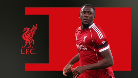 Ibrahima Konate in action for Liverpool with red background and Liverpool badge graphic