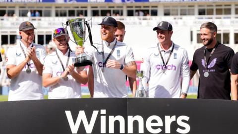 England captain Ben Stokes with the Test series trophy