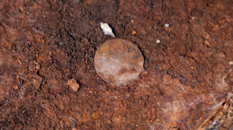 An ancient coin on a rusty surface 
