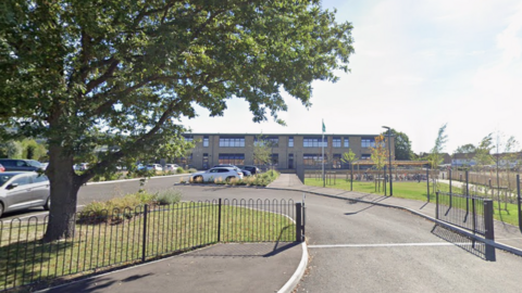A school is seen from the gates. There is a big green tree next to the gate and the sky is blue.