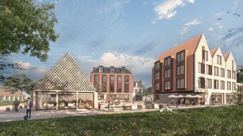 Artists impressions of plans for homes. Two pink buildings sit next to a small pyramid shaped building.