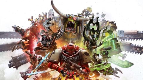 An artist's rendering shows a space marine in red armour standing in front of a mass of grotesque enemies - they are a mass of orcs, robots and weapons.