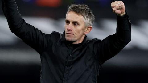 Ipswich boss Kieran McKenna punches his fists in the air after the 1-0 win over Hull City at Portman Road
