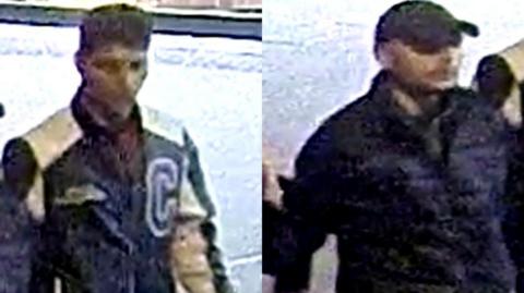 Two grainy CCTV images of men. The one on the left has dark hair and is wearing a black and white jacket with a large letter C on it, while the one on the right is wearing a black cap and a black coat.