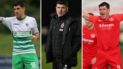 Mike Wilde with TNS (left) as Colwyn Bay manager (centre) and with Connah;s Quay (right)