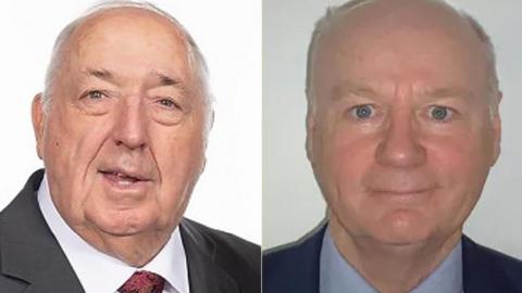 Tim Kenyon (right), a man with short grey hair, he looks directly at the camera and smiles, he wears a suit and there is a white background behind. Stewart Clague, a man with similar short grey hair also looks at the camera. He wears a suit and is in front of a white background.