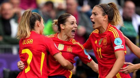 Spain players including Claudia Pina and Alexia Putellas celebrate scoring against Belgium