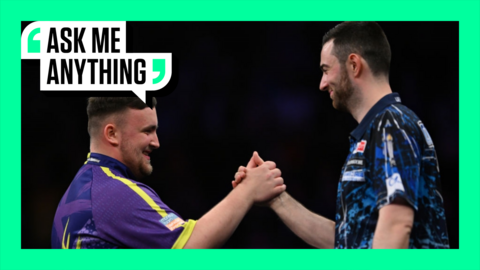 Luke Littler and Luke Humphries shake hands with an Ask Me Anything border around it