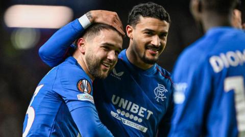 Rangers' Nicolas Raskin celebrates with Jefte after scoring to make it 1-0 during a UEFA Europa League 2024/25 League Phase MD8 match between Rangers and Royale Union Saint-Gilloise at Ibrox Stadium