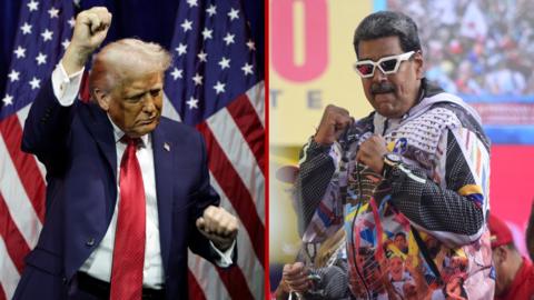 Splitscreen. Left, Trump boogies. Right, Maduro in shades and a bomber hoodie wiggles.