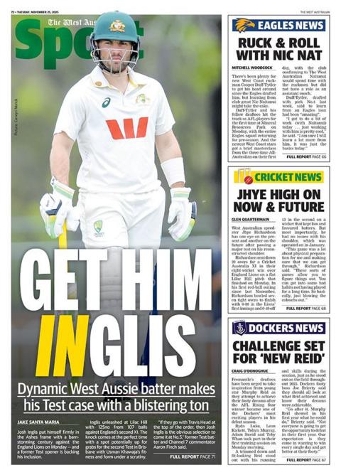 The West Australian back page, featuring an article on Josh Inglis
