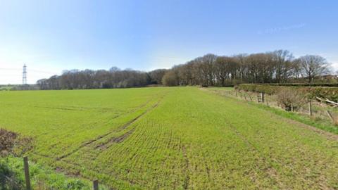 A large empty field bathed in sunshine. Some trees are in the distance while a battered wooden fence borders the field.