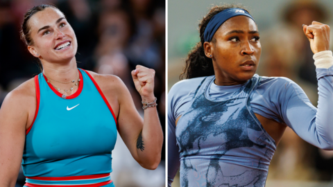 A composite image Aryna Sabalenka and Coco Gauff celebrate a point