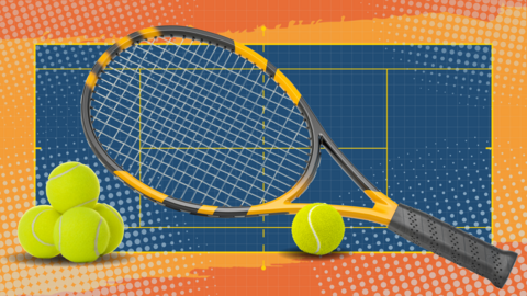 A graphic of a tennis racquet and tennis balls on a blue hard court