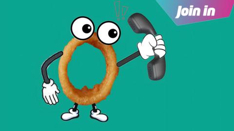 An onion ring holding a phone.