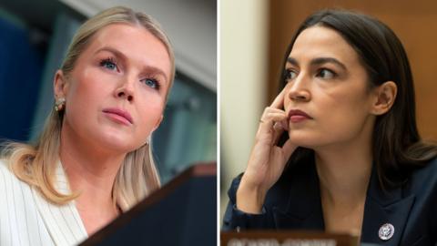 Split image of White House Press Secretary Karoline Leavitt and Congresswoman Alexandra Ocasio-Cortez