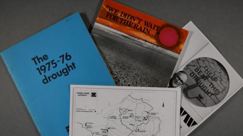 Four documents from the wessex water archive on a neutral grey background. Three are about the 1976 drought, and one is a small map.