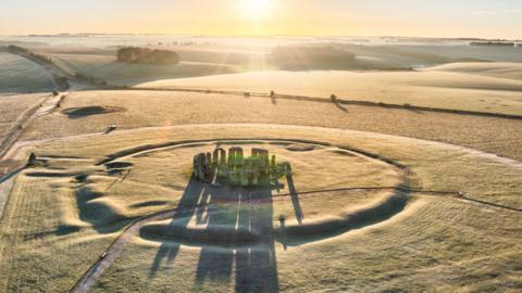 Stonehenge aerial view on a cold frosty morning. 