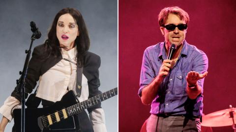 A split image of singer Annie Clark and Justin Hayward-Young