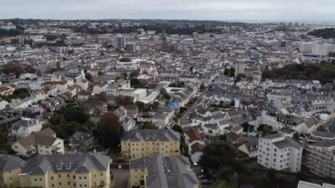 Aerial of buildings in St Helier, Jersey