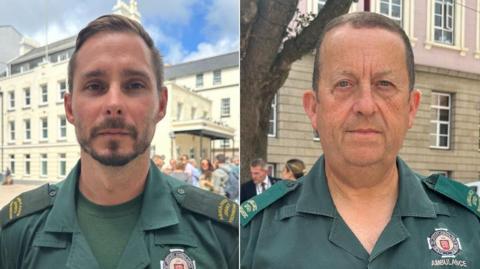 Tom Le Sauteur and John Sutherland, both in ambulance service uniforms, looking into the camera