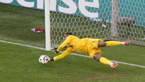 Mike Maignan saving Robert Lewandowski's penalty