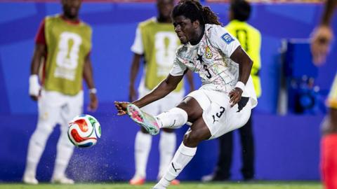 Caleb Yirenkyi #3 of Ghana shoots the ball during the FIFA World Cup
