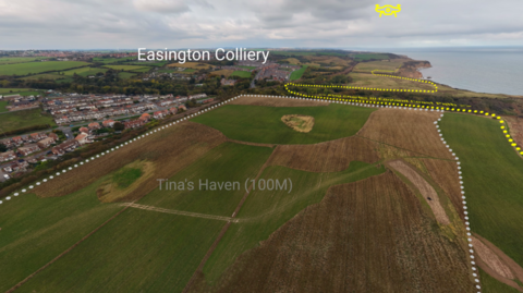 Screenshot of 3D map of Durham coast. It is yellow and white dotted lines. It also has these phrases written on it: "Easington Colliery" and "Tina's Haven (100M)"