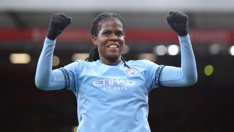 Manchester City's Khadija Shaw celebrates scoring against Liverpool in the Women's Super League