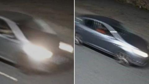Blurry CCTV images of two cars, one grey or silver, the other blue-ish.