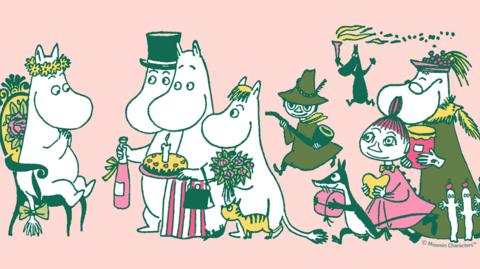 A cartoon image of five Moomins with big snouts, celebrating with cake and drinks. They are joined by other creatures such as a yellow cat and a witch.